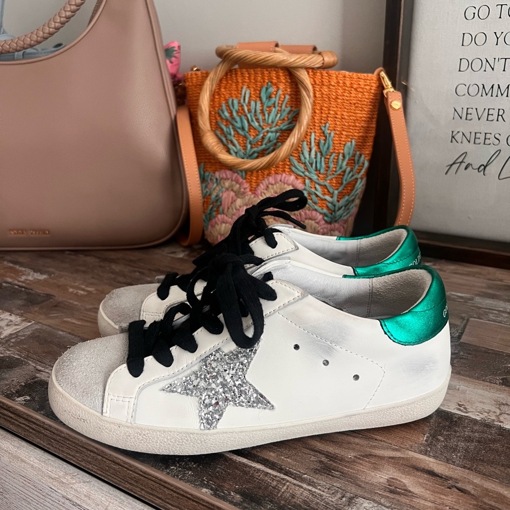 Golden Goose White Sneakers with Silver Star and Green Heel Tab